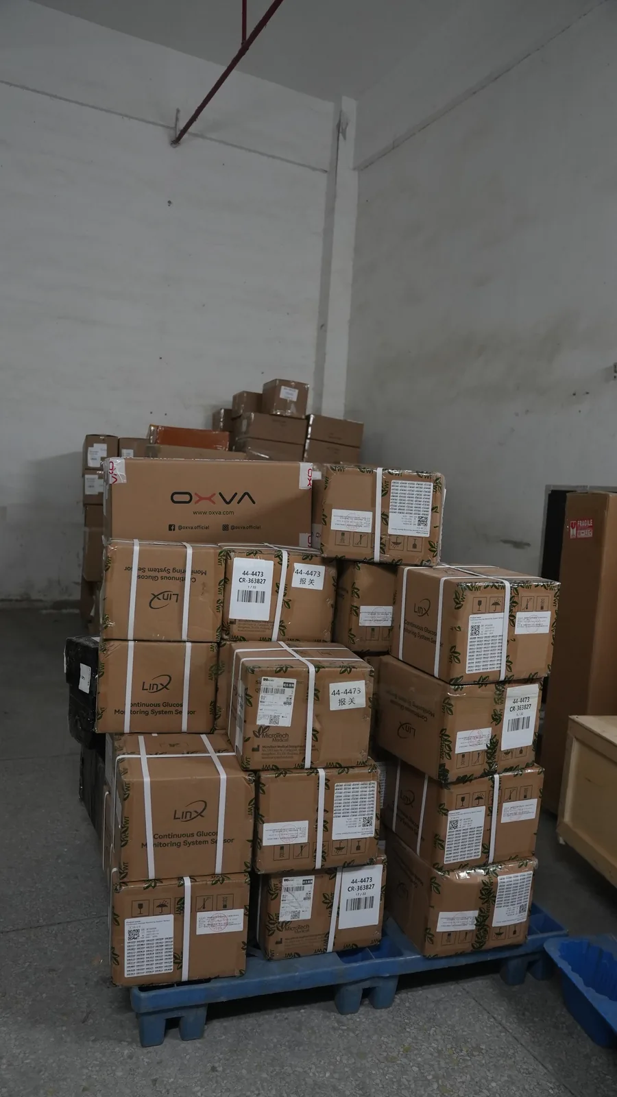 Palletized cargo layered and stacked inside the warehouse